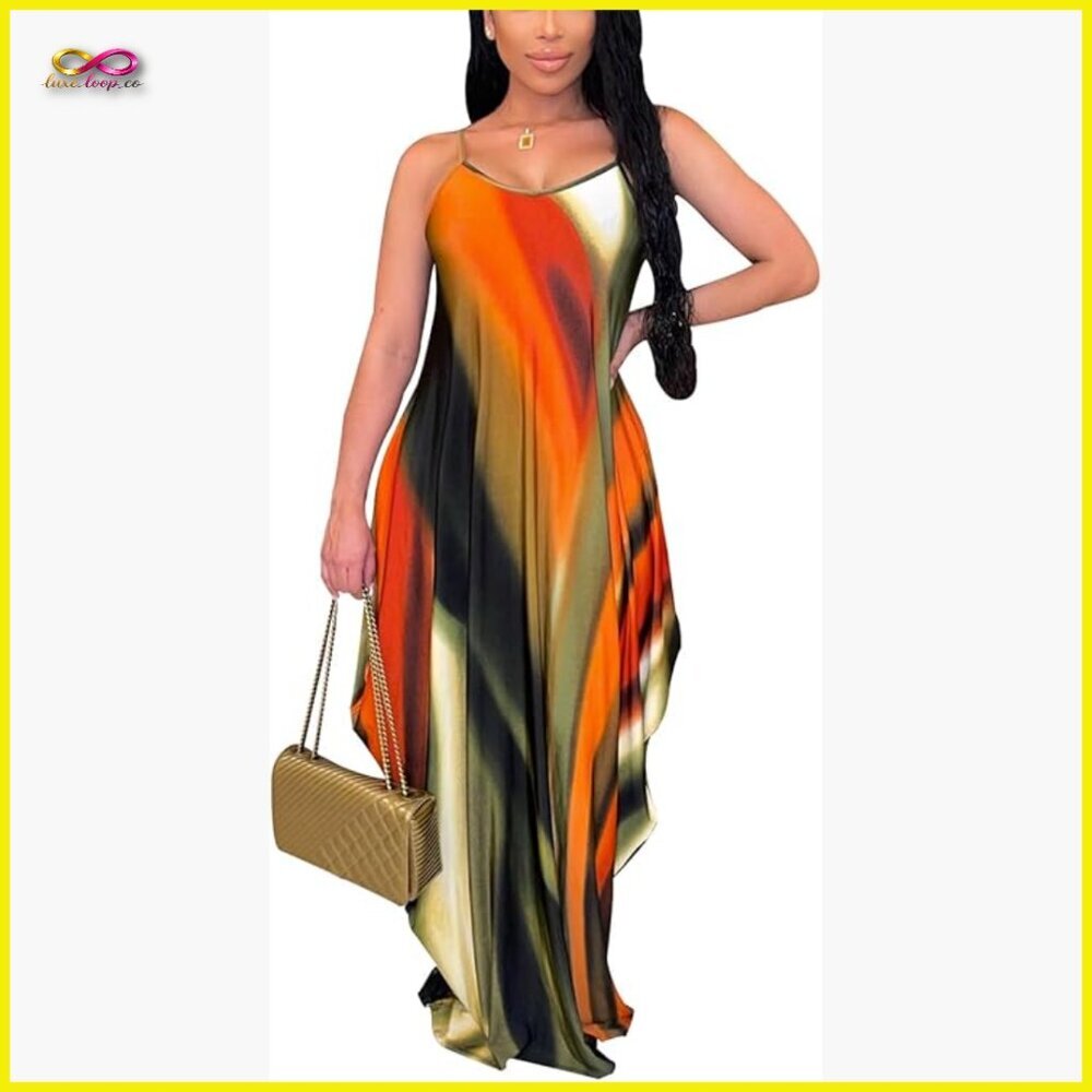 Boho Floral Maxi Dress Sexy Summer Casual Loose Fit Spaghetti Strap